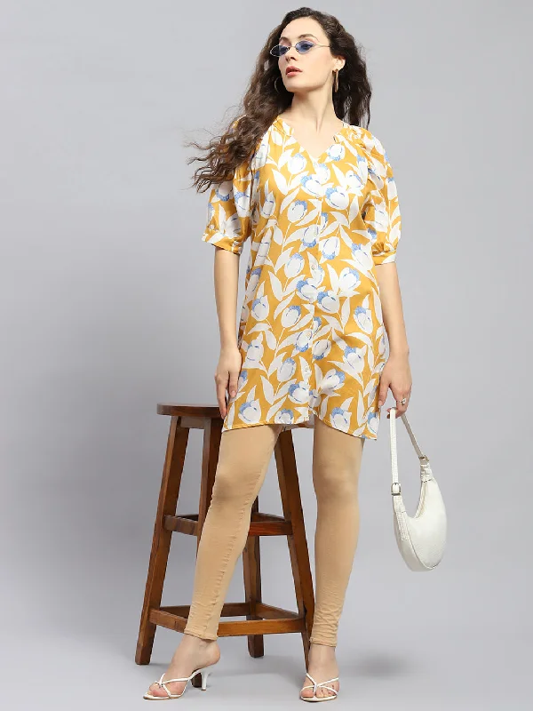 Women Mustard Printed Mandarin Collar 3/4 Sleeve Tunic