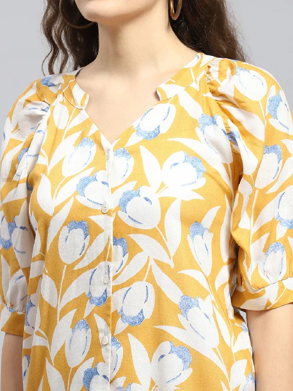 Women Mustard Printed Mandarin Collar 3/4 Sleeve Tunic