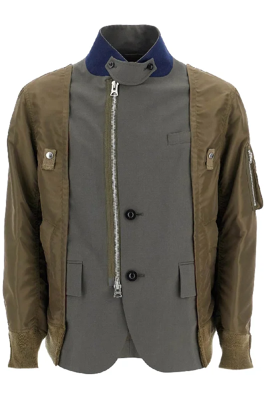 Men's Coats with Contrast StitchingSACAI hybrid nylon and wool blend jacket.