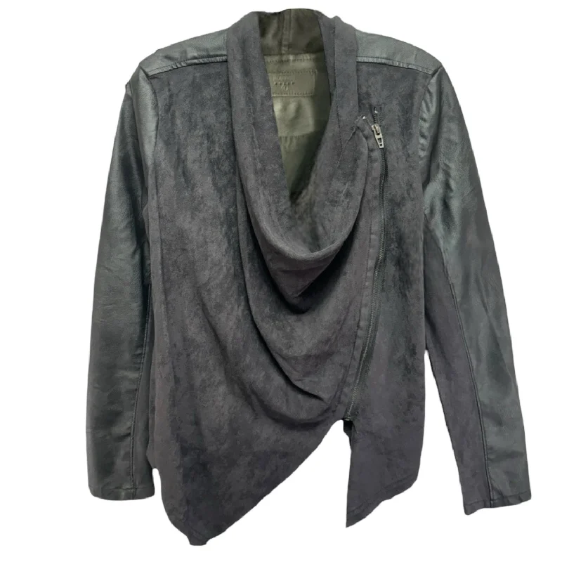 Men's Coats with Adjustable SleevesMixed Media Faux Leather Drape Front Jacket By Blank NYC In Black, Size: S Men's Coats with Adjustable SleevesMixed Media Faux Leather Drape Front Jacket By Blank NYC In Black, Size: S