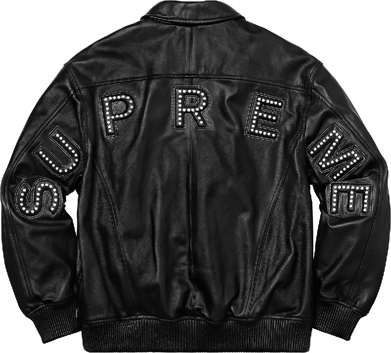 Men's Coats for Winter SportsSupreme Studded Arc Logo Leather Jacket Black