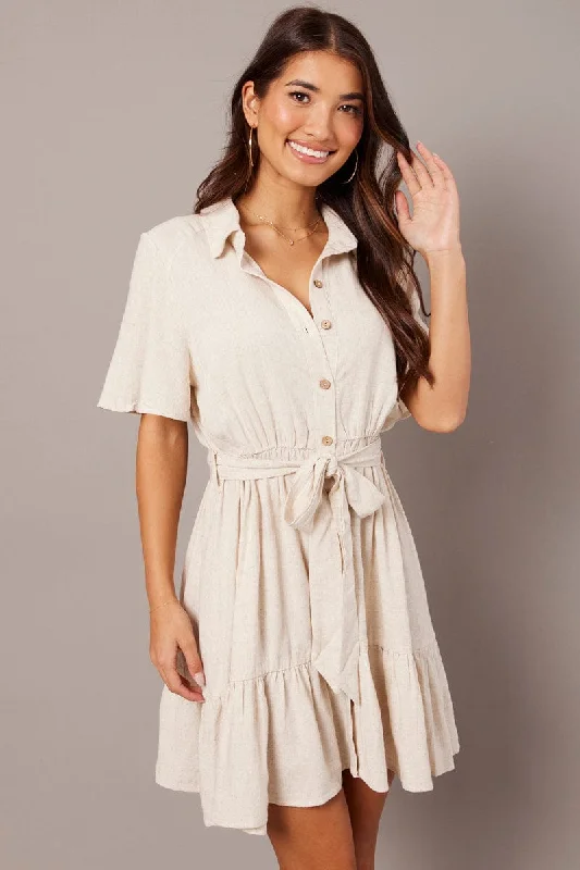 Velveteen DressBeige Fit And Flare Dress Wing Sleeve