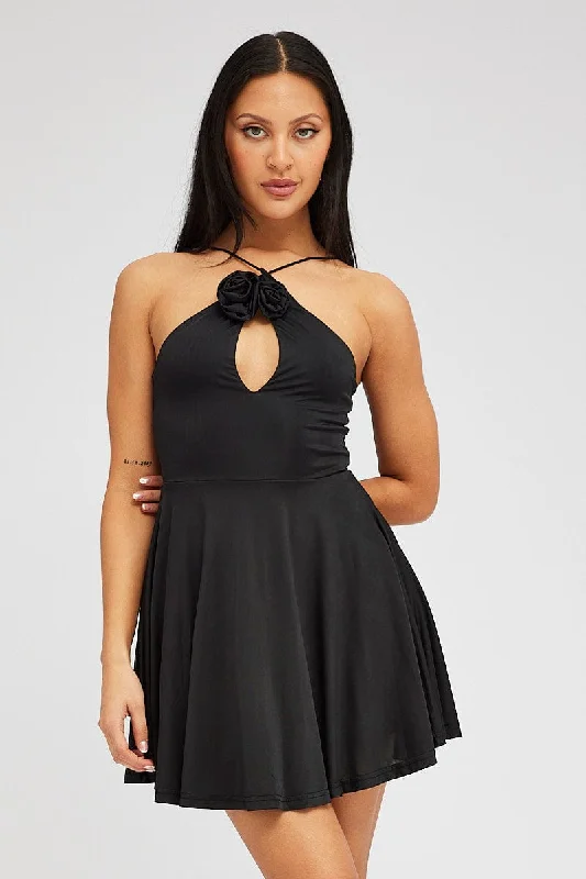 women's spaghetti strap dressesBlack Rose Flower Dress Keyhole Strappy Swishy Dress
