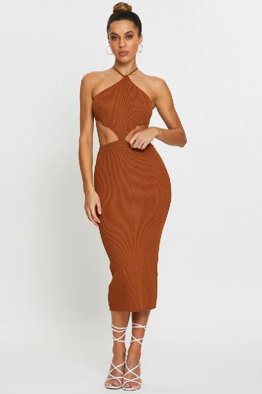 women's affordable dressesBrown Knit Dress Halter Neck