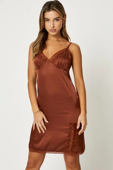 women's club dressesBrown Lace Trim Slip Dress