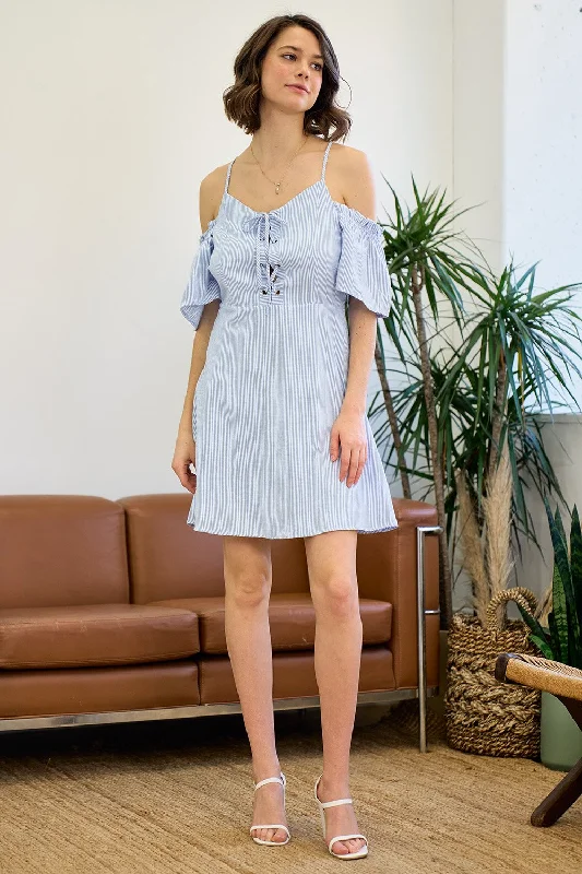 women's solid color dressesShort Off Shoulder Lace Up Striped Dress