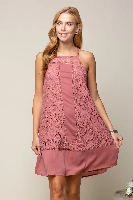 Halter DressShort Mixed Lace High Neck Shift Dress