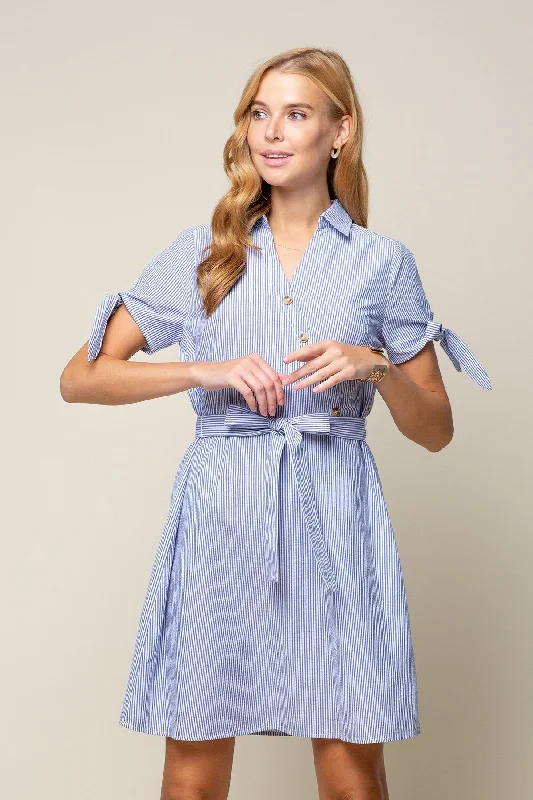 Plus-Size DressShort Sleeve Tie Stripe Shirt Dress