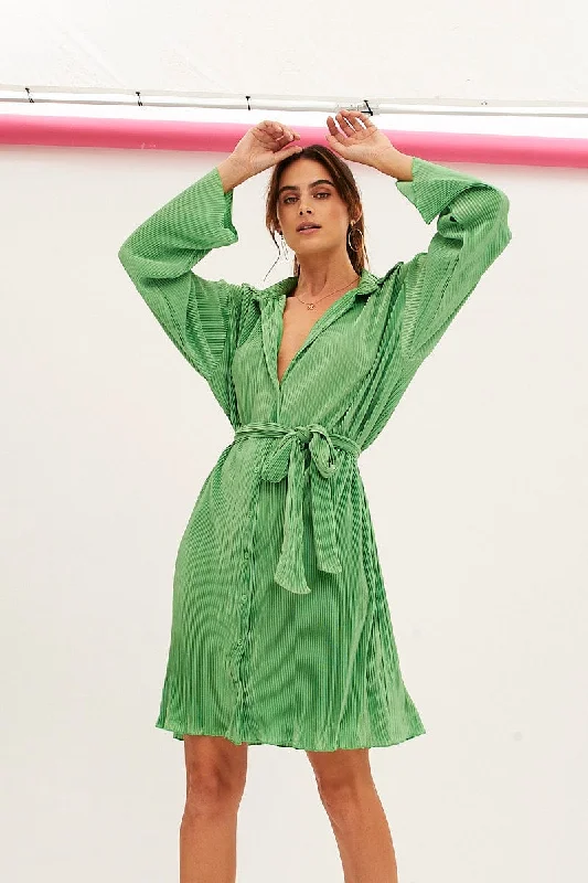 women's striped dressesGreen Plisse Shirt Dress Front Button