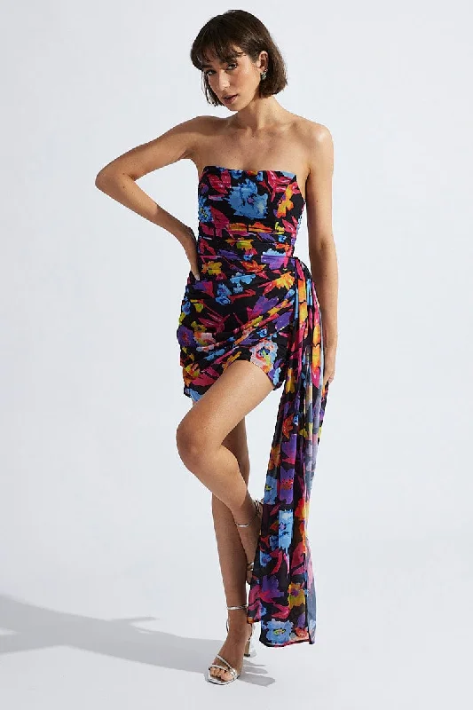 women's hourglass figure dressesMulti Floral Sash Bandeau Draped Chiffon Dress