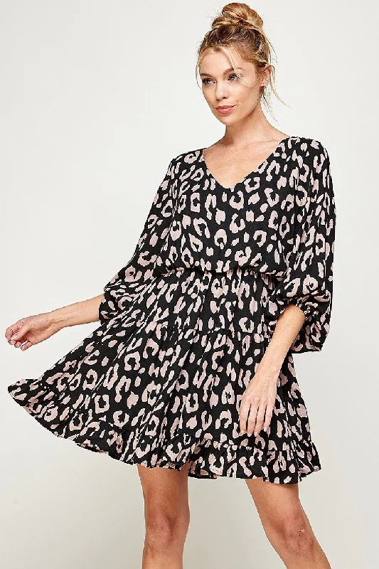 women's cocktail dressesShort 3/4 Sleeve V Neck Printed Dress