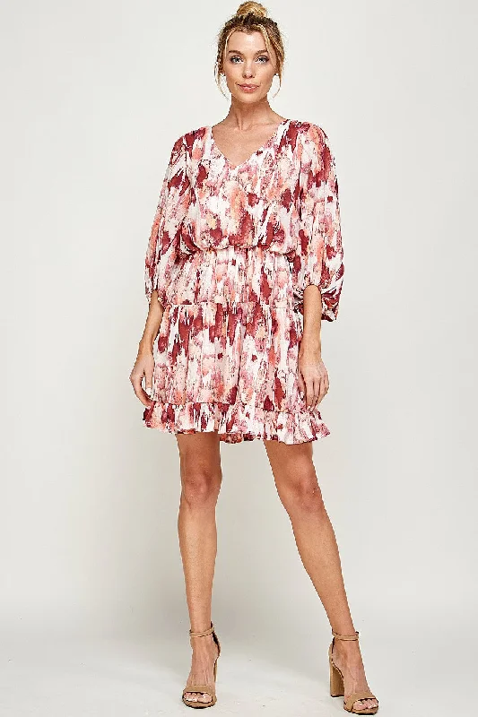 Body-Hugging DressShort 3/4 Sleeve V Neck Printed Dress