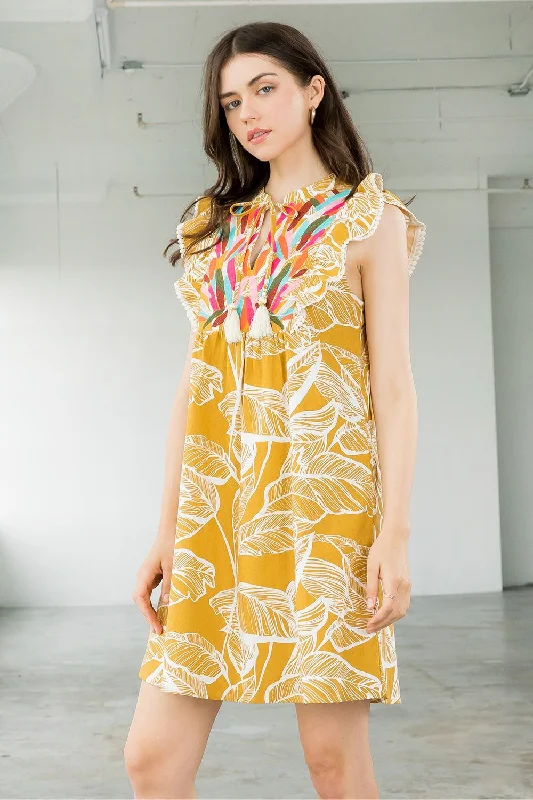 women's long-sleeved dressesShort Embroidered Ruffle Leaf Dress