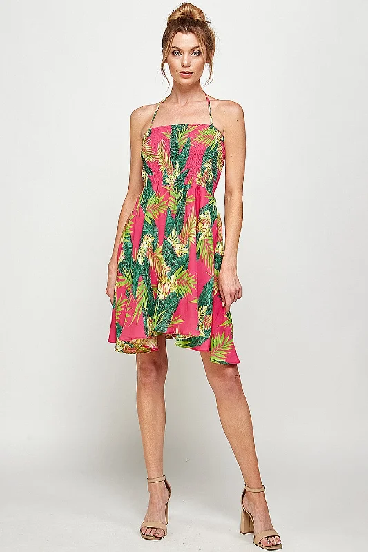 Jersey DressShort Halter Neck Tropical Print Dress