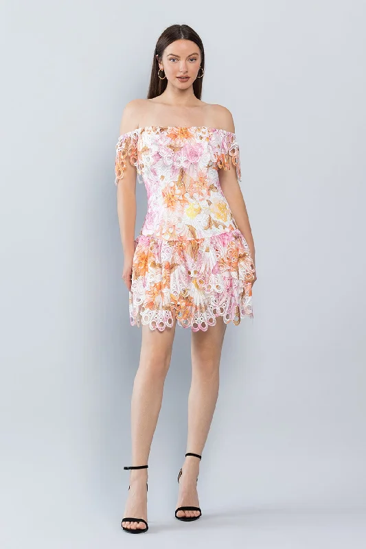 women's minimalist dressesShort Off Shoulder Printed Lace Dress