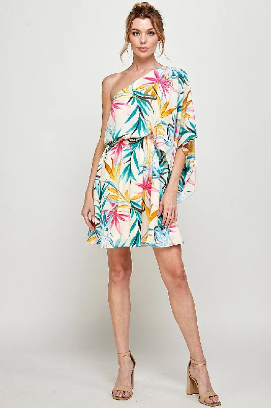 Flutter-Sleeve DressShort One Shoulder Tropical Print Dress