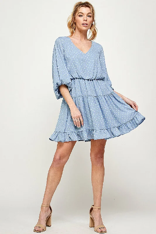 Floor-Length DressShort Printed 3/4 Sleeve Ruffled Dress