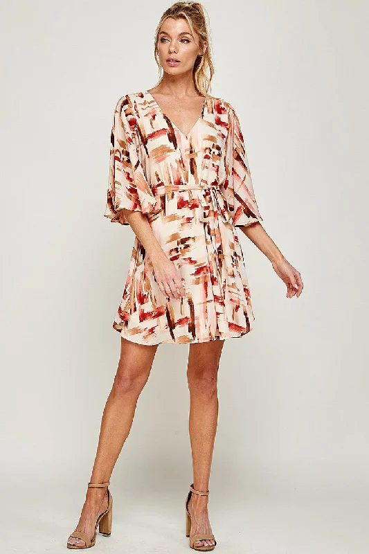 Zip-Up DressShort V Neck Brushed Print Belt Dress
